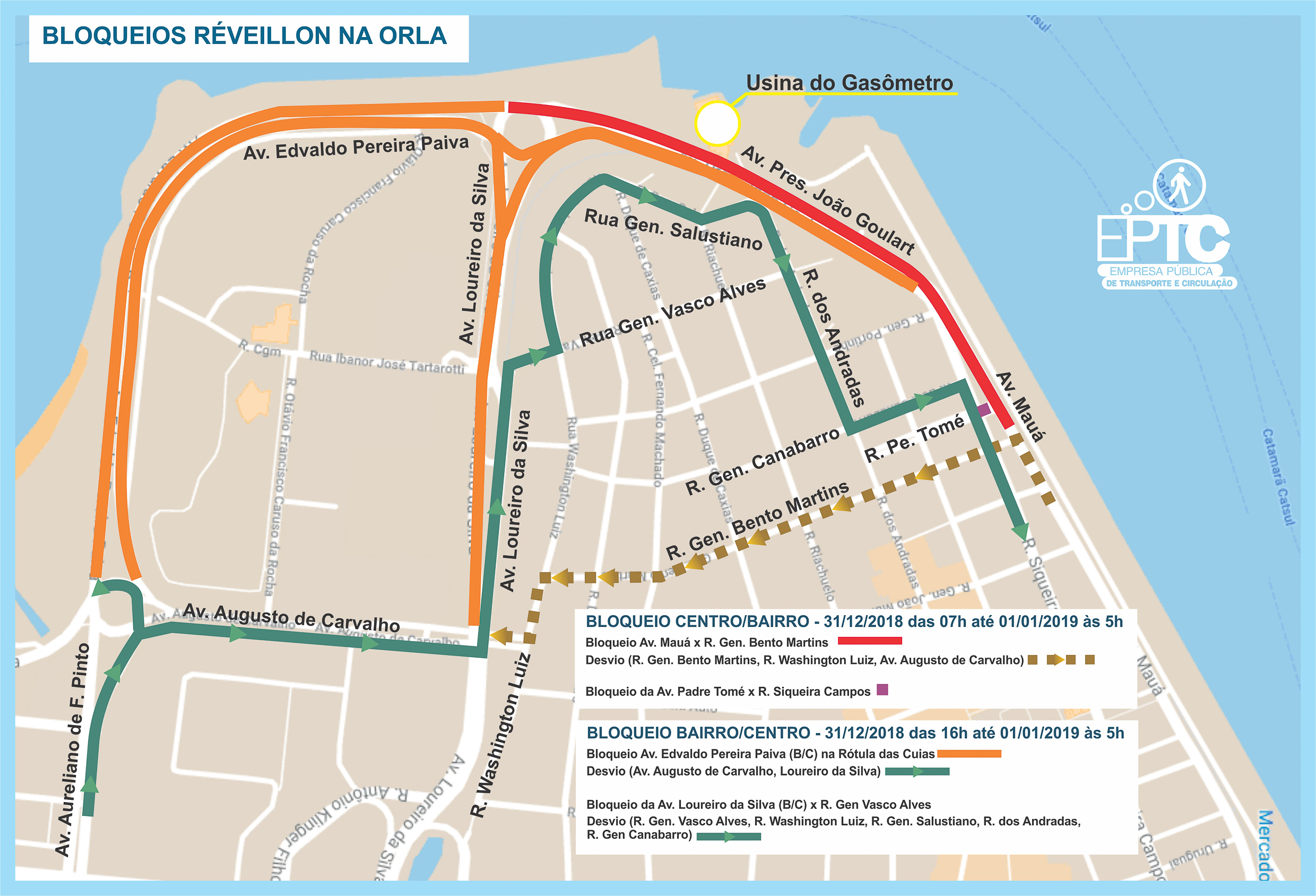 Porto Alegre, RS 26/12/2018: Mapa dos bloqueios e desvios para festa de Réveillon na Orla do Guaíba. Arte: Carlos Roberto Rohde dos Santos EPTC/PMPA